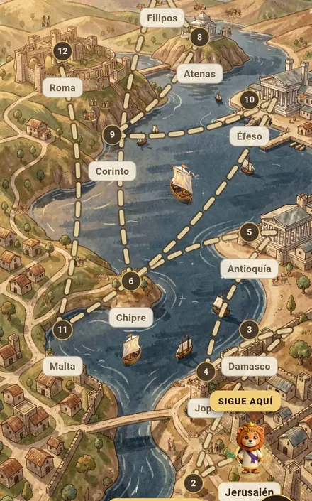 El mapa de El Camino en la app: ciudades unidas por un camino de puntos y el León plantado en la siguiente
