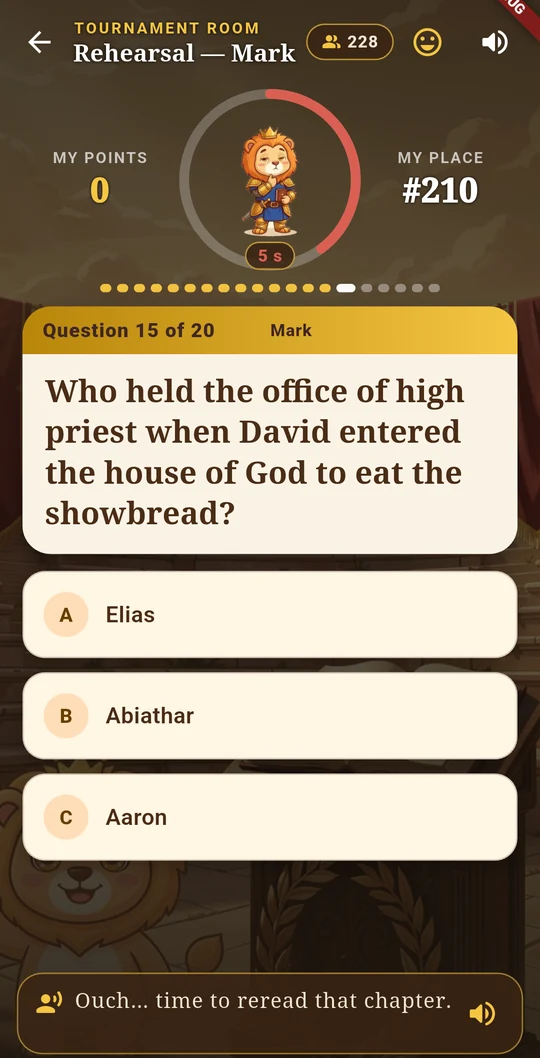 The app during the tournament: the question, the answers and the time left.