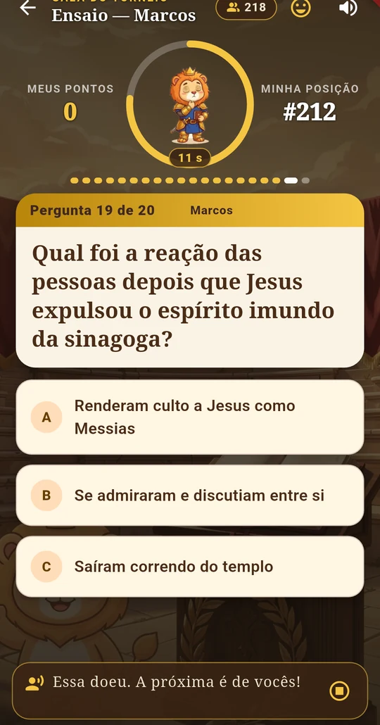 O app durante o torneio: a pergunta, as respostas e o tempo restante.